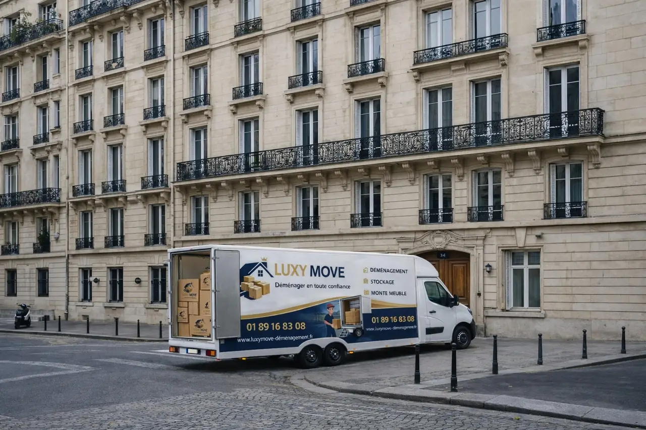 Camion Luxy Move stationné devant un immeuble haussmannien parisien
